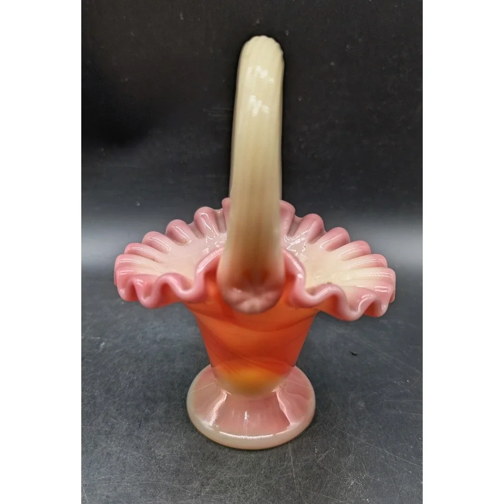 Vintage Fenton Pink Burmese Uranium Glass Basket Ruffled Rim Waffle Base 6 5